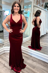 Mermaid Burgundy Velvet Formal Wedding Guest Dress V-Neck - MyChicDress